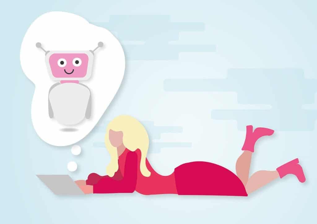 A woman laying on the ground with a robot on her lap.