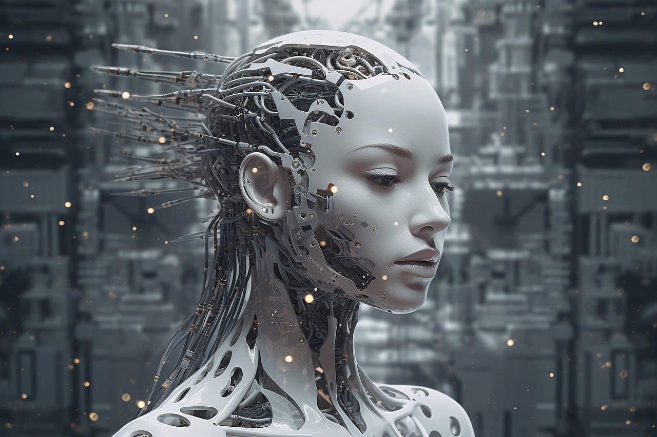 A woman in a futuristic city with a robotic head.